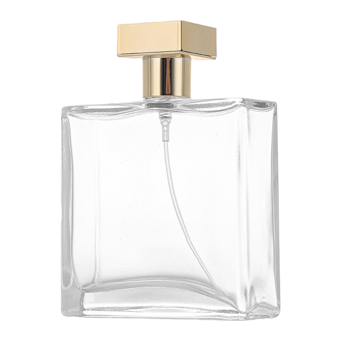 A 30ml exquisite fragrance container with a transparent glass perfume bottle and a golden square cap Item Picture