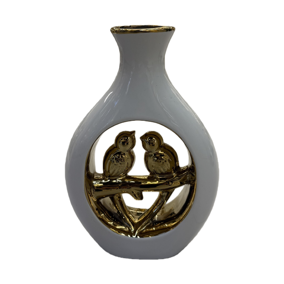 白色花瓶+金色鸟形装饰白底实物图