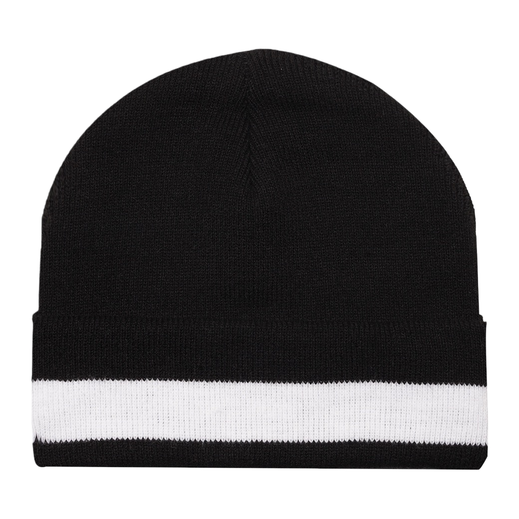 Black knitted cap with a white striped brim, a unisex warm woolen cap Item Picture