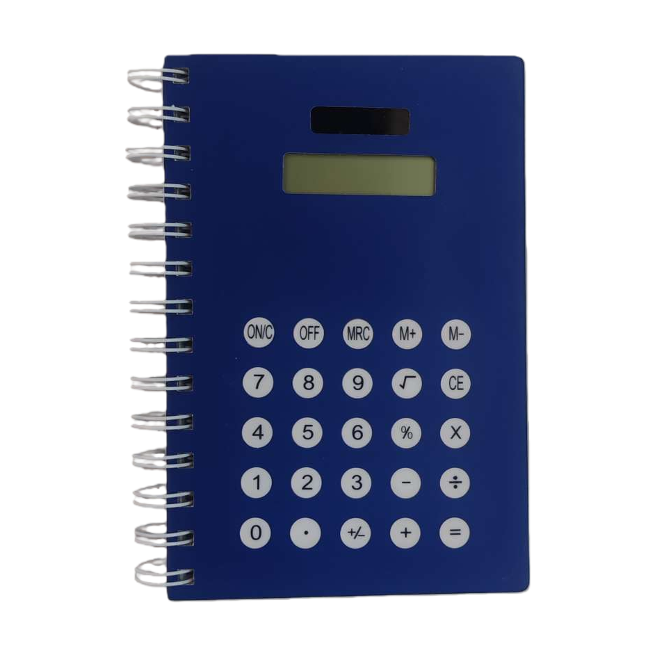 蓝色螺旋笔记本计算器 便携式带笔多功能学生办公用品白底实物图