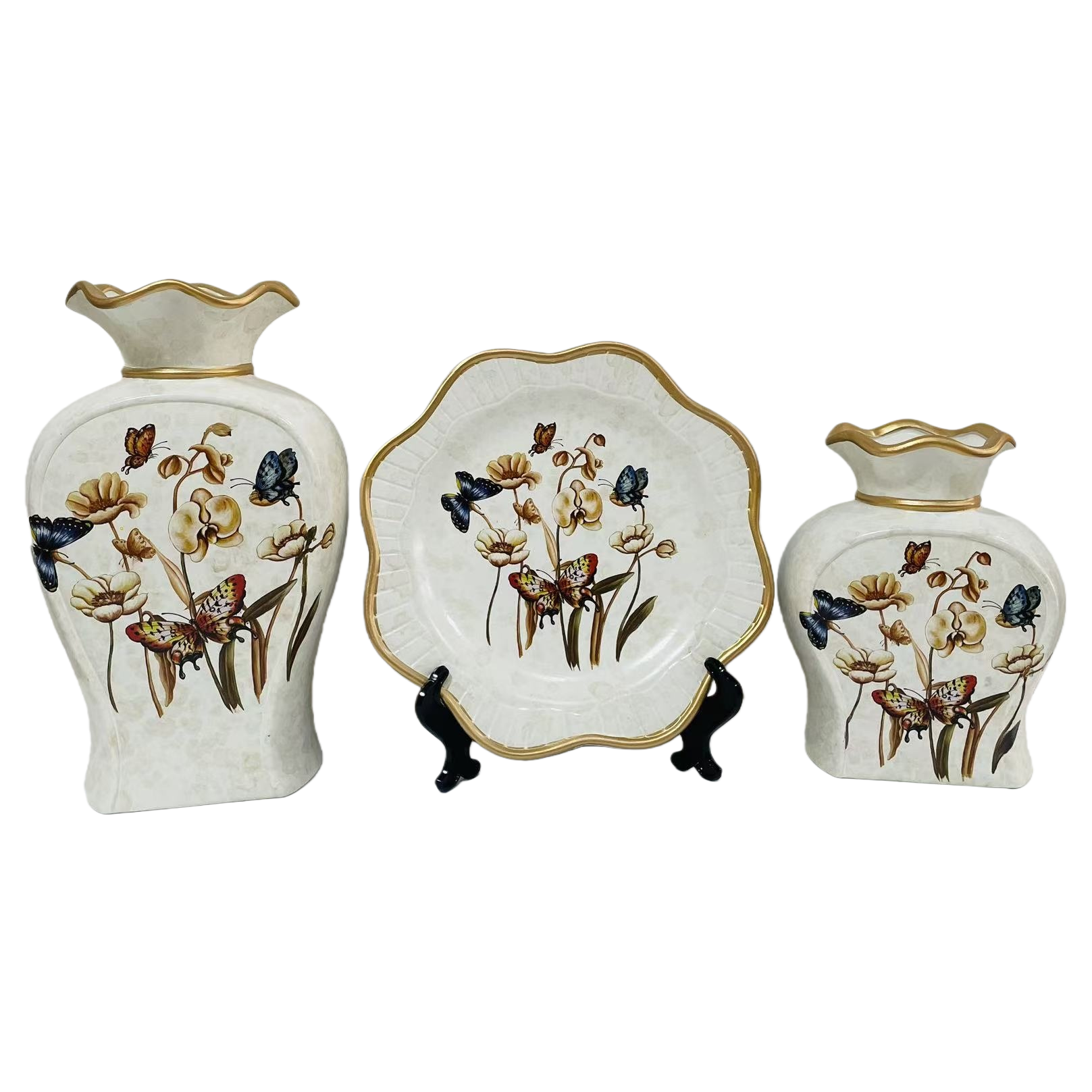 2026 New style white butterfly flower pattern vase and plate combination Decoration hotel home ceramic vase Item Picture