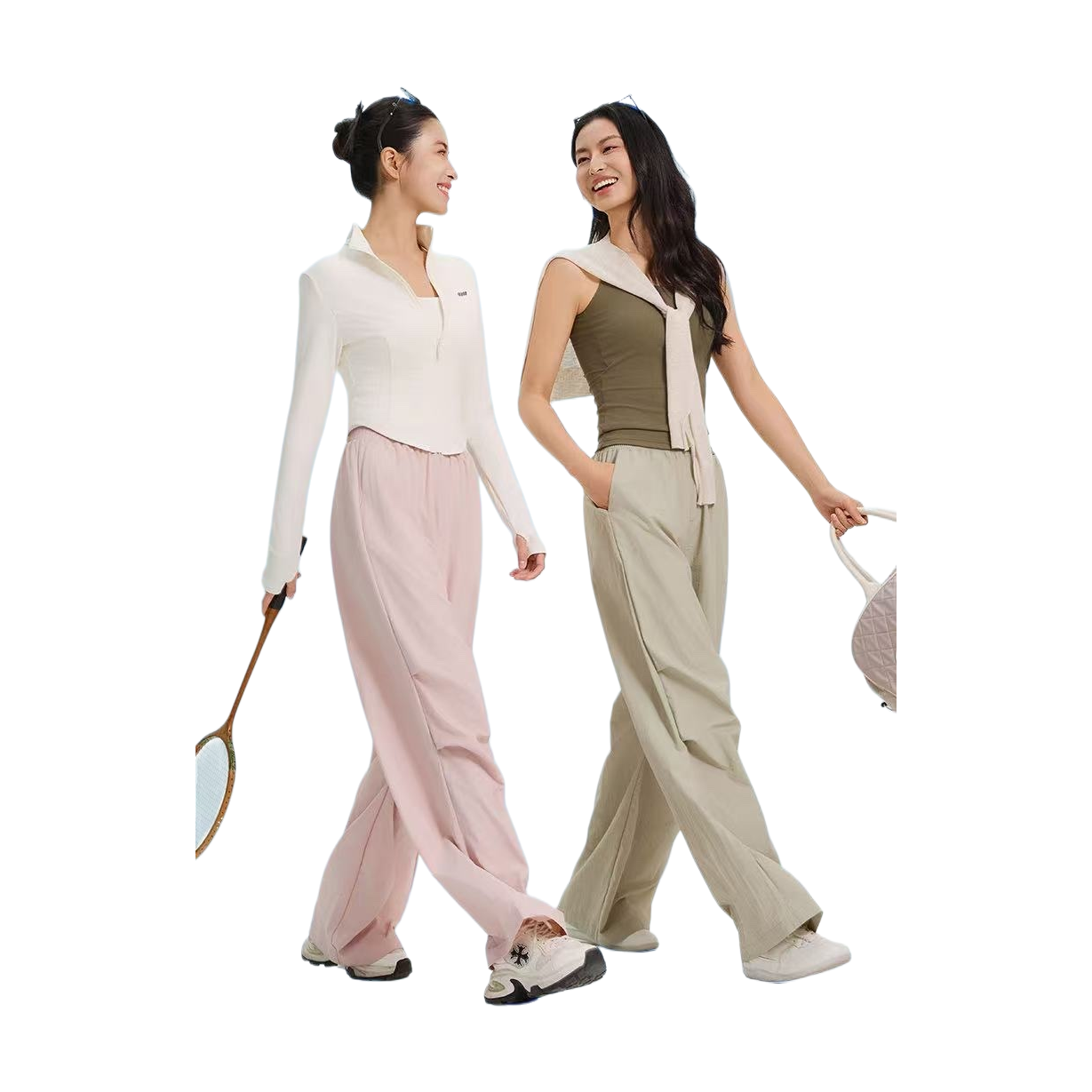 Light workwear, parparachute pants, women's white top with pink pants, holding a badminton racket, green vest, beige pants, handbag, light blue gradient background Item Picture