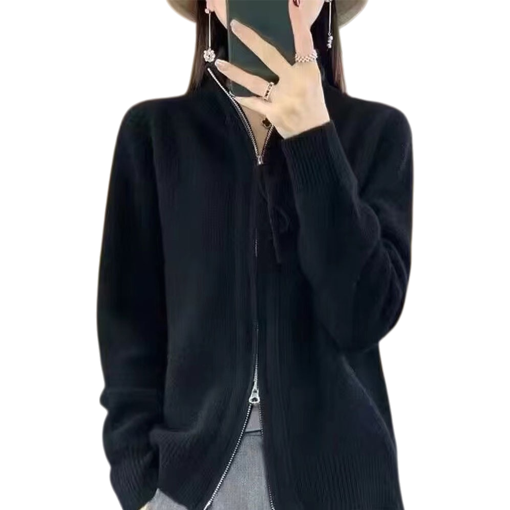 黑色拉链针织开衫白底实物图