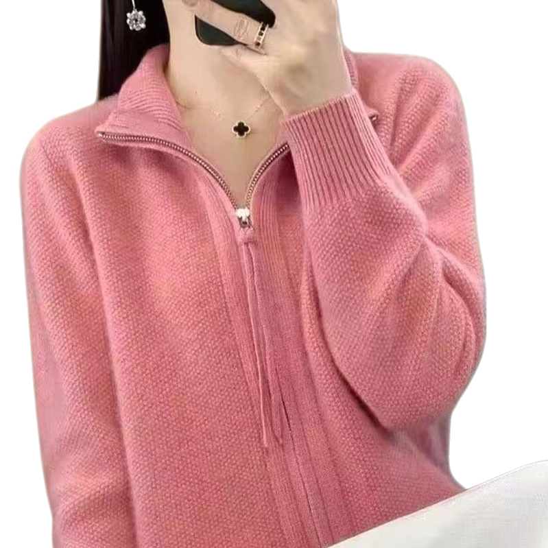 粉色拉链针织衫白底实物图