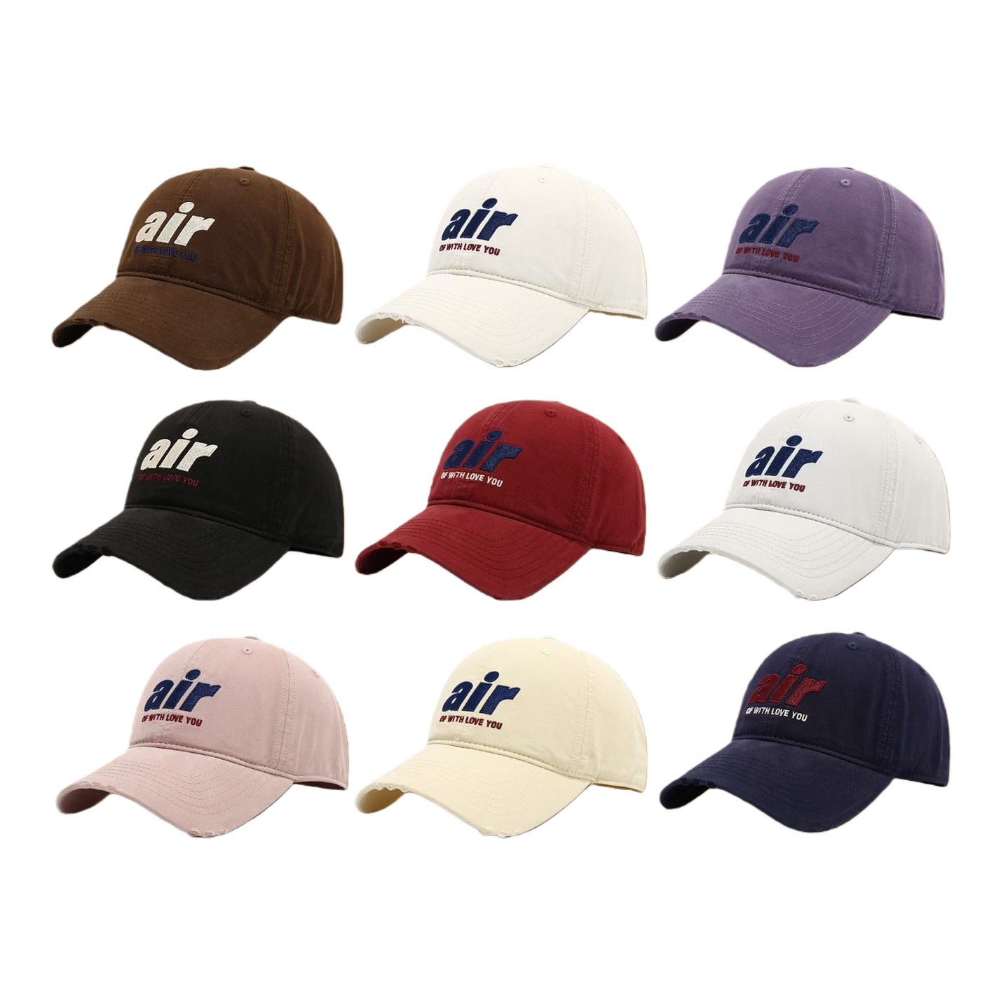 The weathered and worn pure brown baseball cap is printed "air OF WITH LOVE YOU" on the front of each cap Item Picture