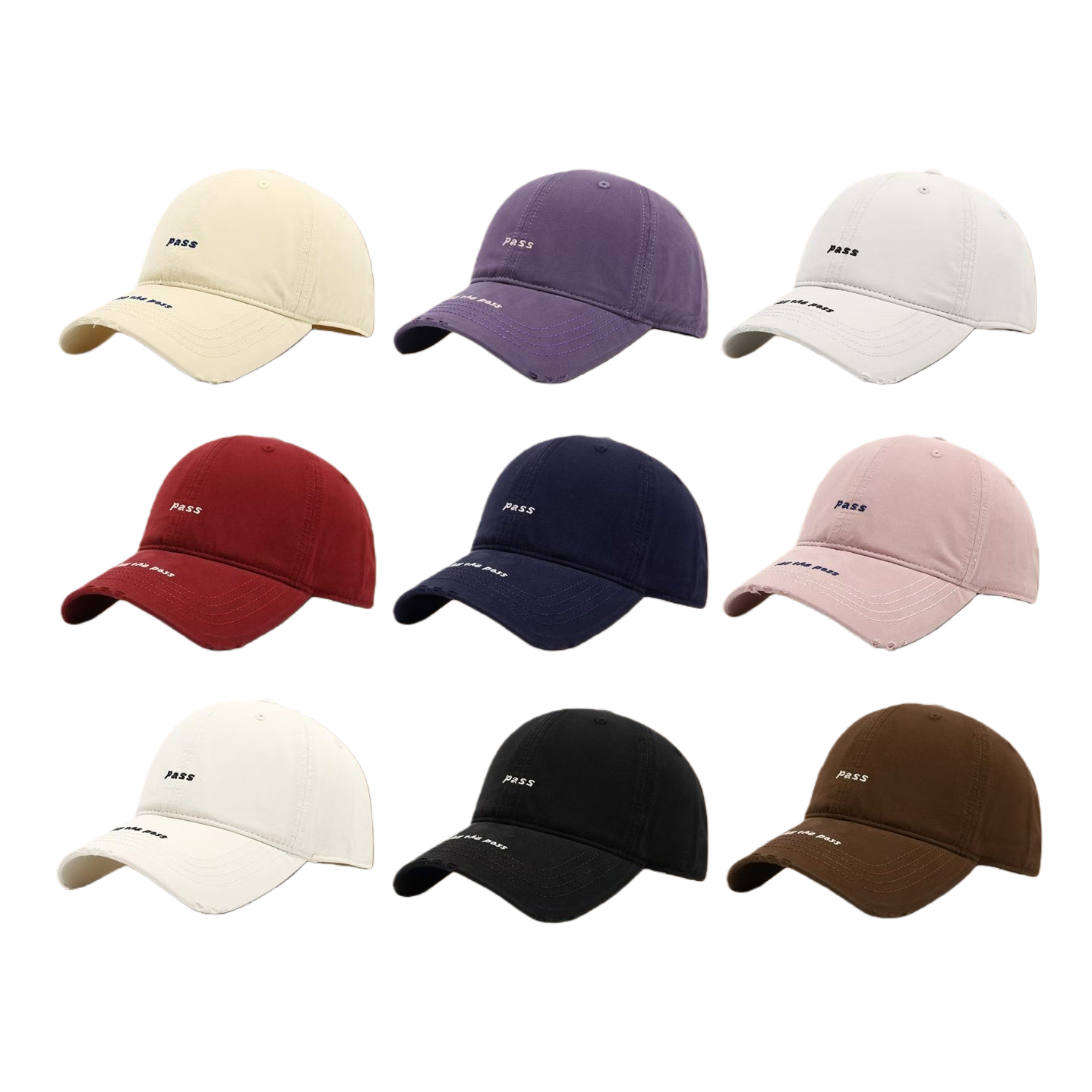 The front of the weathered and worn baseball cap is embroidered with the word "PASS". It's the same style for both men and women Item Picture