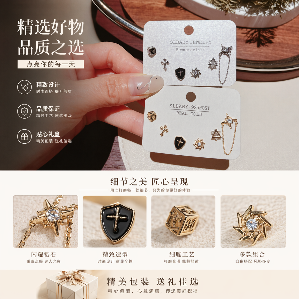 白色耳钉卡式耳钉 简约百搭防过敏耳饰详情1