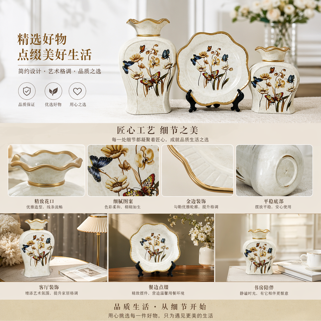 2026 New style white butterfly flower pattern vase and plate combination Decoration hotel home ceramic vase pic 1