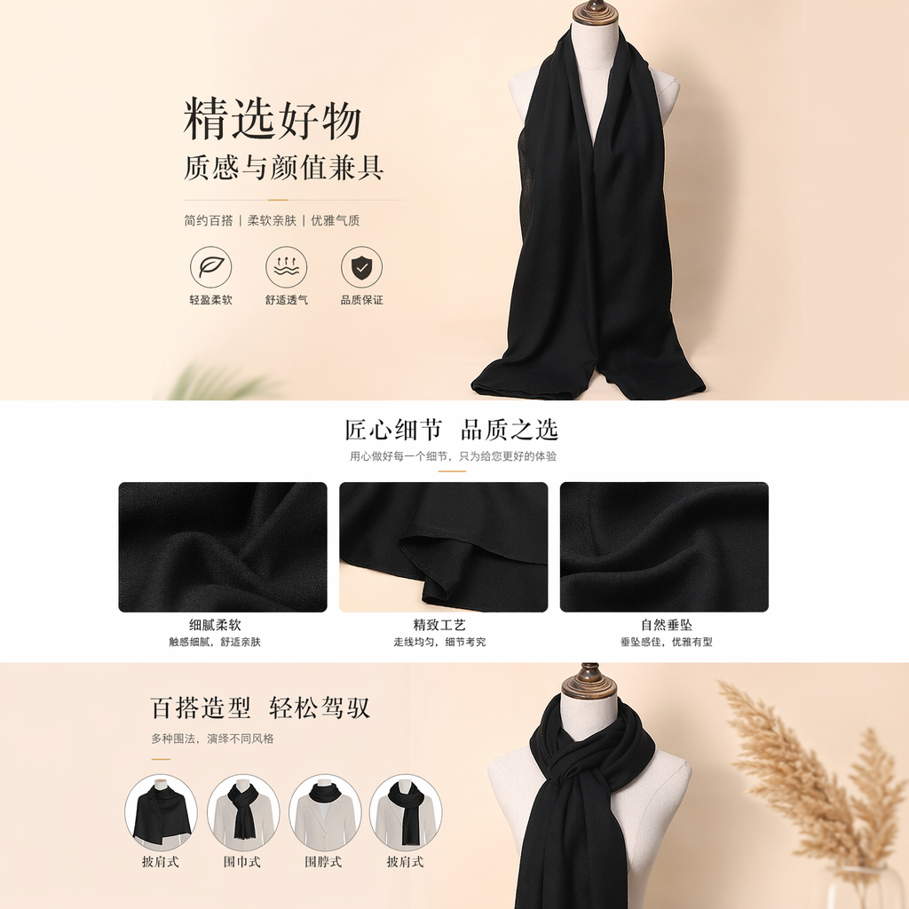 黑色纯棉围巾 男女通用保暖秋冬配饰详情1