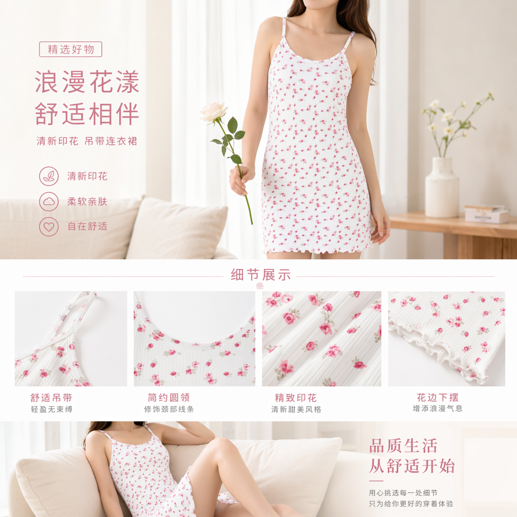 白色碎花吊带连衣裙 女夏新款修身显瘦纯棉短袖裙子详情1