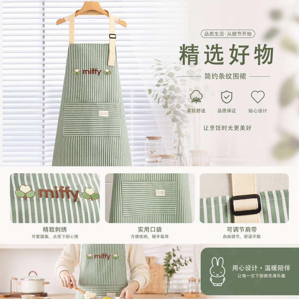 Green striped apron, thickened waterproof, suitable for both men and women in the kitchen, adjustable tie pic 1