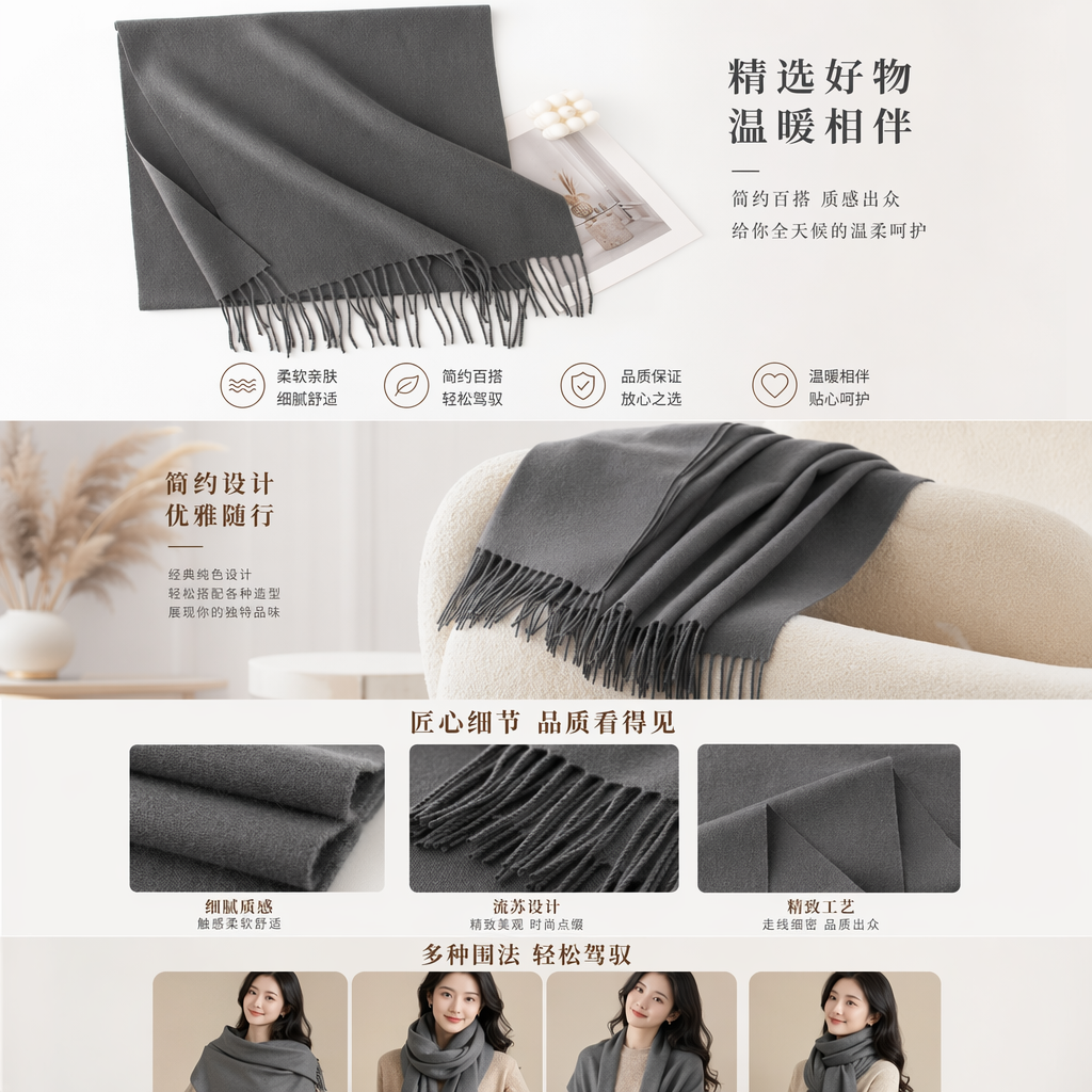 灰色流苏围巾秋冬保暖纯棉加厚女士百搭时尚配饰详情1