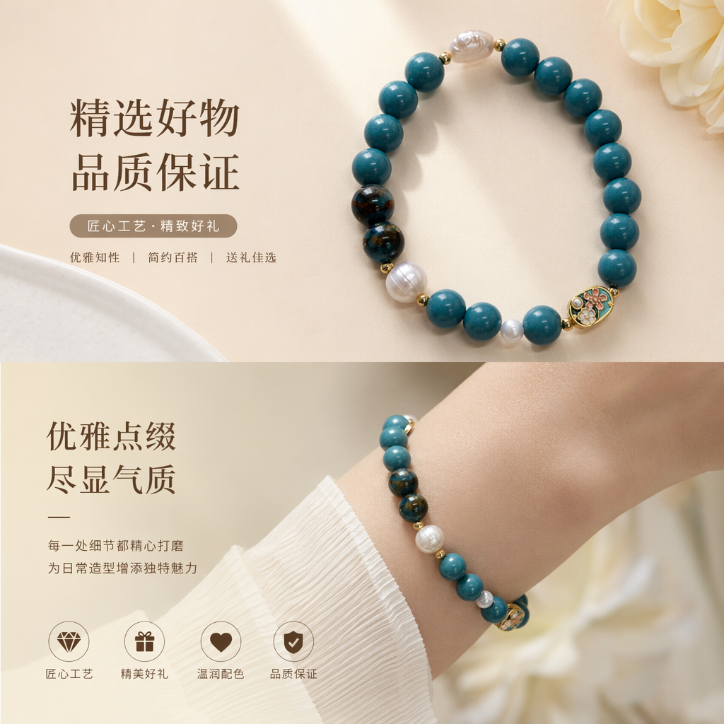 糖唐堂天空蓝0.8cm手串；铜镀金隔珠，天然珍珠SC001016详情1