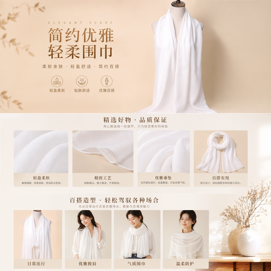 纯色百搭白色羊绒围巾 男女通用秋冬保暖配饰详情1