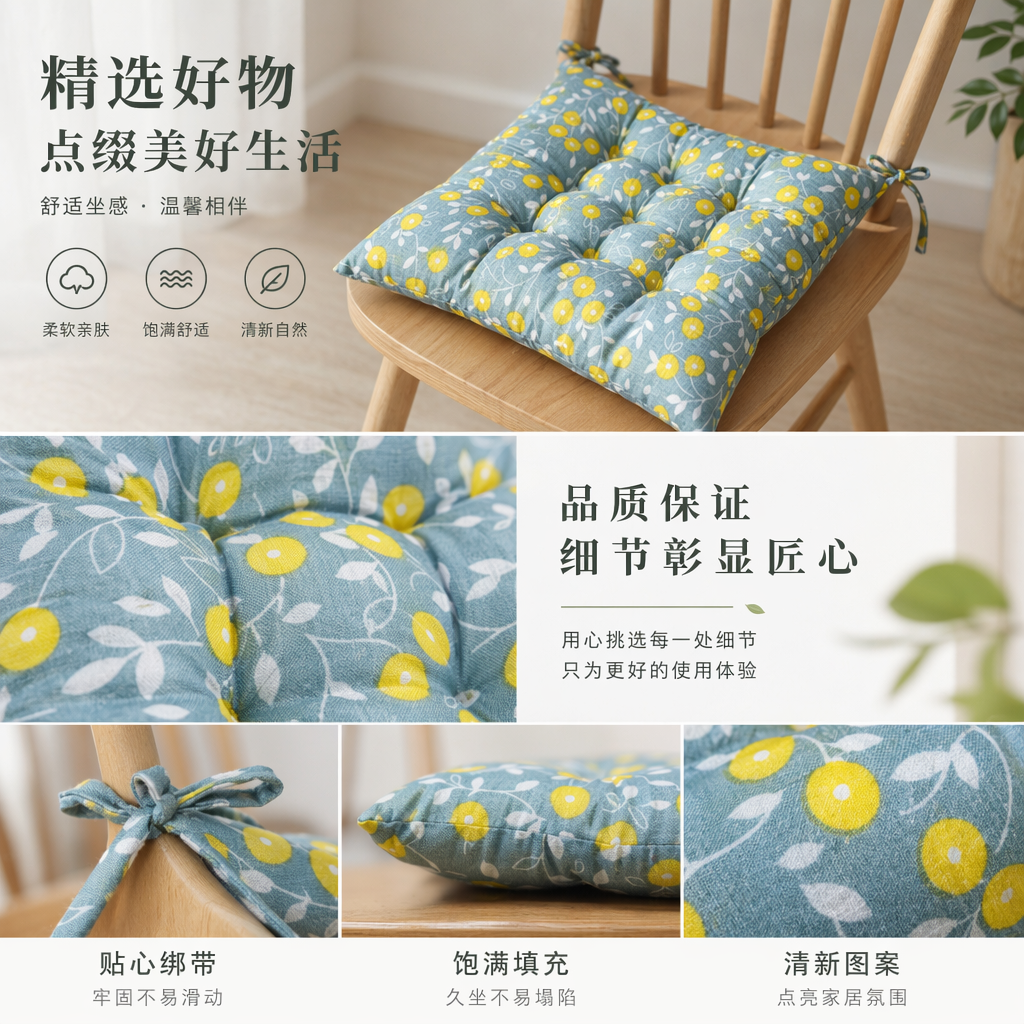 蓝底黄花棉麻坐垫家用防滑透气客厅卧室通用详情1