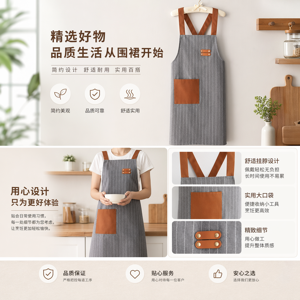 A grey striped apron with brown shoulder straps and pockets is a fashionable kitchen home stain-resistant apron pic 1