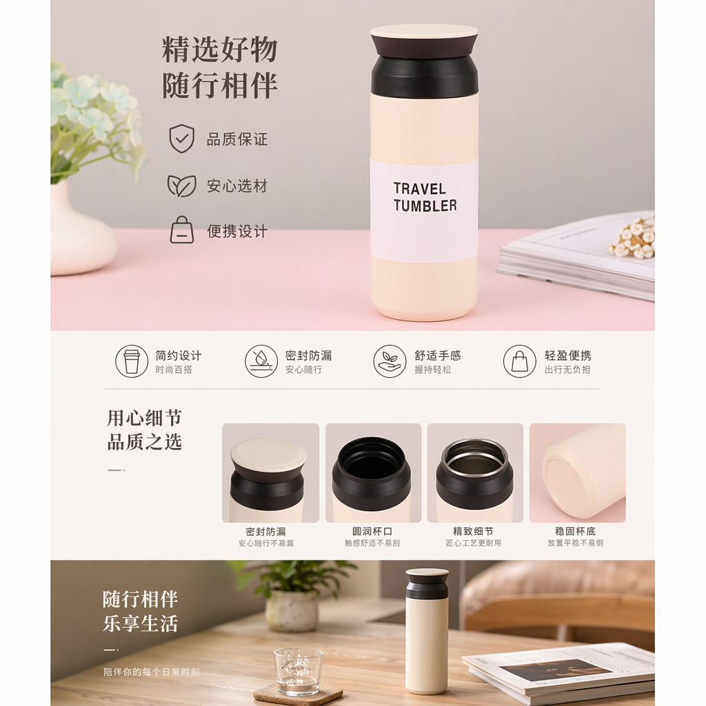 米色304不锈钢真空保温杯 500ml 保冷保热便携水杯详情1