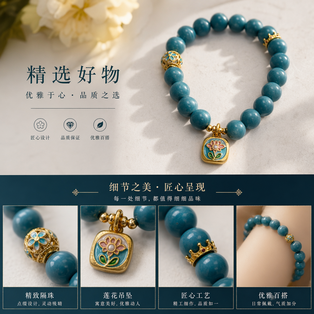 糖唐堂天空蓝0.8cm手串；铜镀金蓝白花朵吊坠，铜镀金珐琅隔珠SC001017详情1