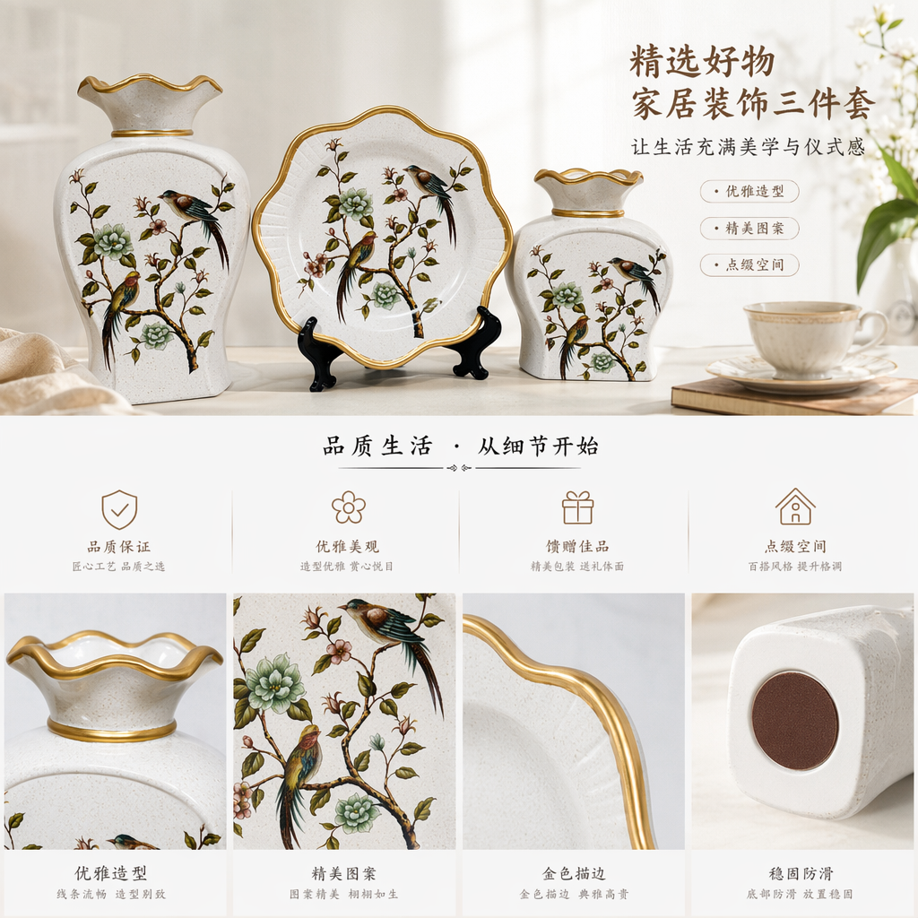 The 2026 new collection of white floral and bird patterned ceramic ornaments includes two vases and one lace plate. It is a ceramic vase for hotel and home decoration pic 1