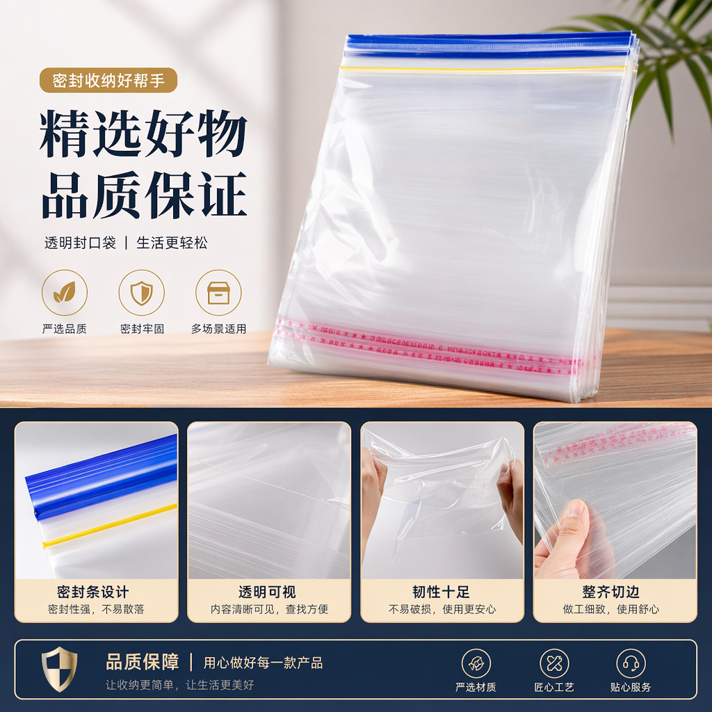 透明塑料袋 食品级加厚密封保鲜袋 卷装家用收纳整理袋详情1
