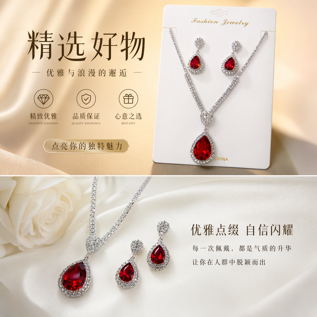 红色水滴形宝石银色镶钻项链耳环套装详情1