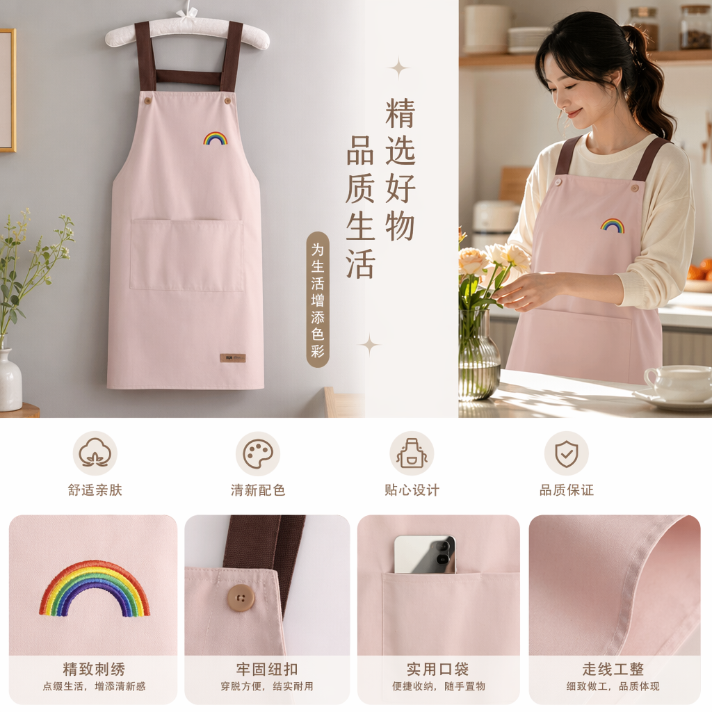 Pink apron kitchen oil-proof and water-proof extended lace-up adjustable women's home baking apron pic 1