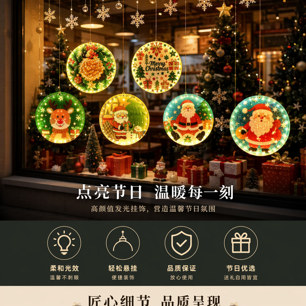 彩色圣诞装饰窗贴 五款圆形发光窗花含麋鹿圣诞老人雪人花环悬挂雪花详情1