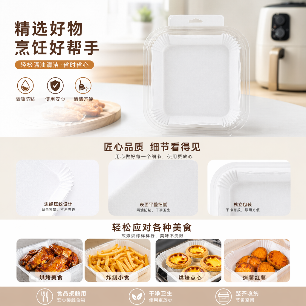 白色方形空气炸锅垫纸碗 防油防水耐高温烘焙用详情1