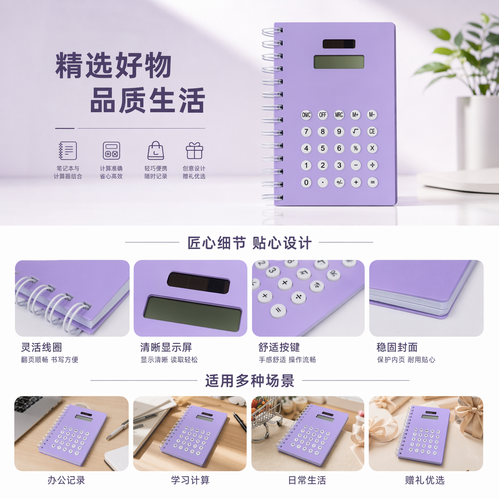 紫色螺旋笔记本计算器 学生办公多功能便携简约记事本详情1