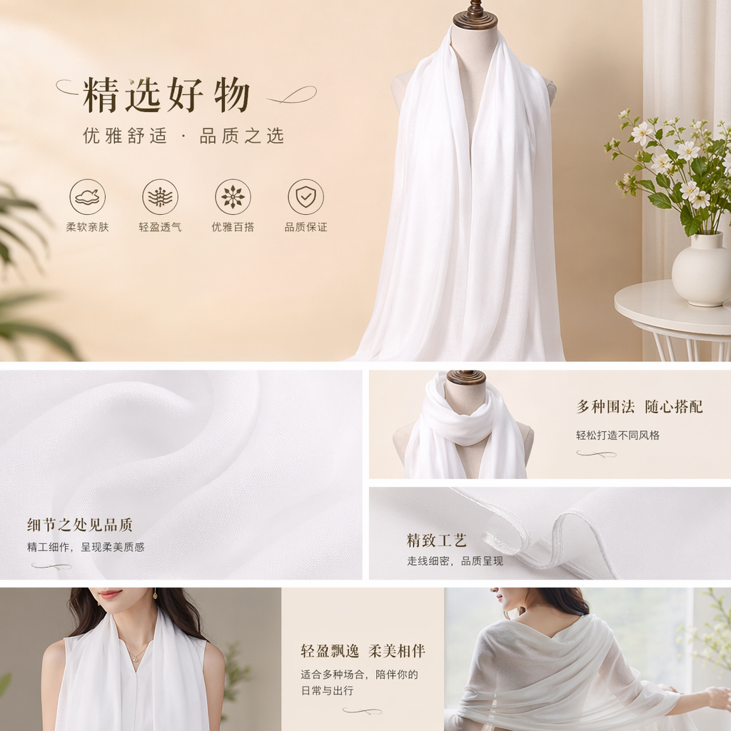 白色纯棉围巾秋冬保暖百搭女士男士通用详情1