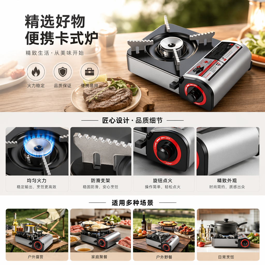 Silver-black portable gas stove, household, outdoor and camping single stove pic 1