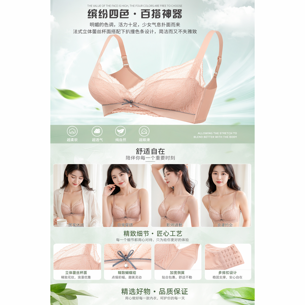粉色蕾丝文胸聚拢无钢圈舒适透气女士内衣详情1