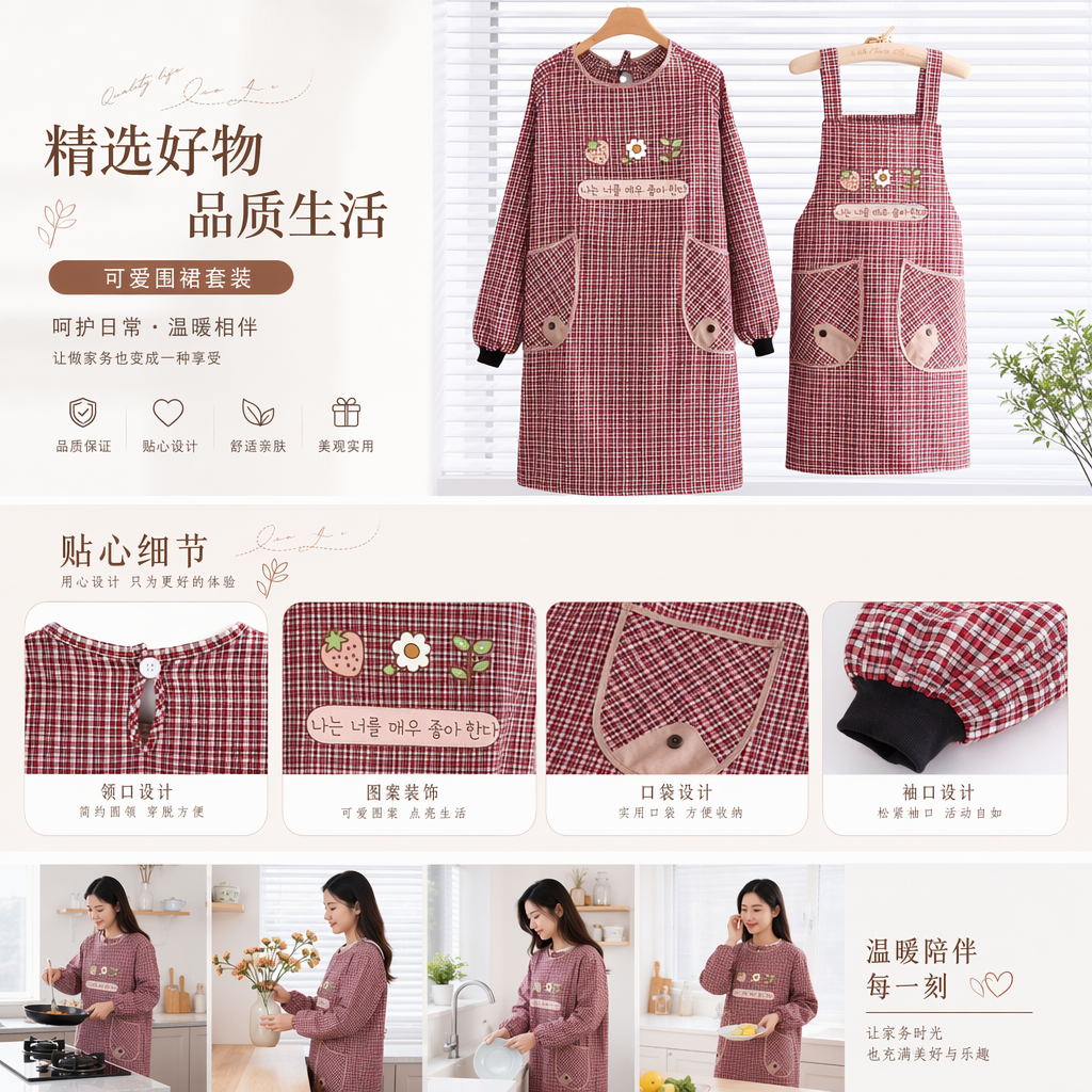 The red and white checkered strawberry Daisy apron features a long-sleeved one-piece design on the left side and a short pocket with a small fish decoration on the right side pic 1