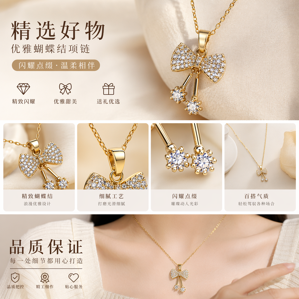 金色蝴蝶结吊坠项链 时尚简约百搭女士锁骨链详情1