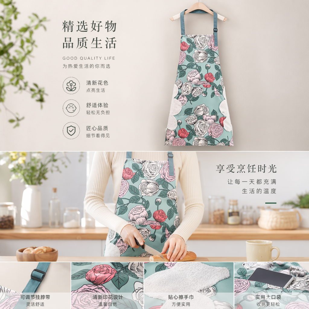 Blue background rose print apron, thickened oil-resistant kitchen home apron pic 1