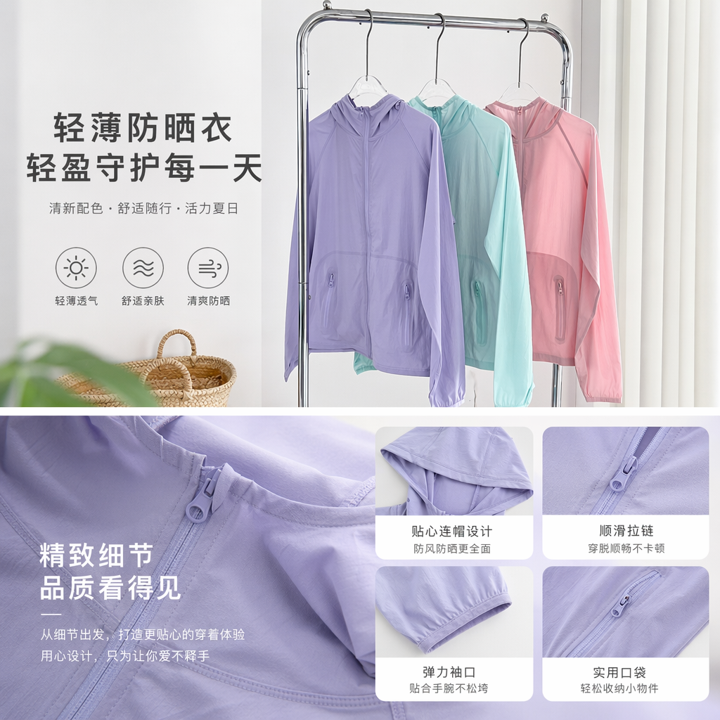 柔熏紫冰薄荷糖霜粉三色连帽外套挂金属衣架详情1
