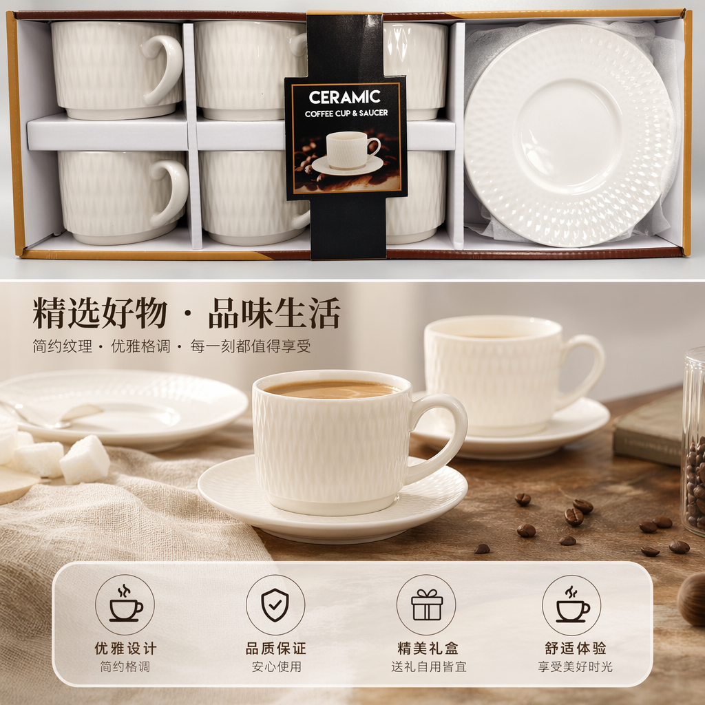 白色陶瓷咖啡杯配杯托套装 釉面光滑易清洗客厅办公适用详情1
