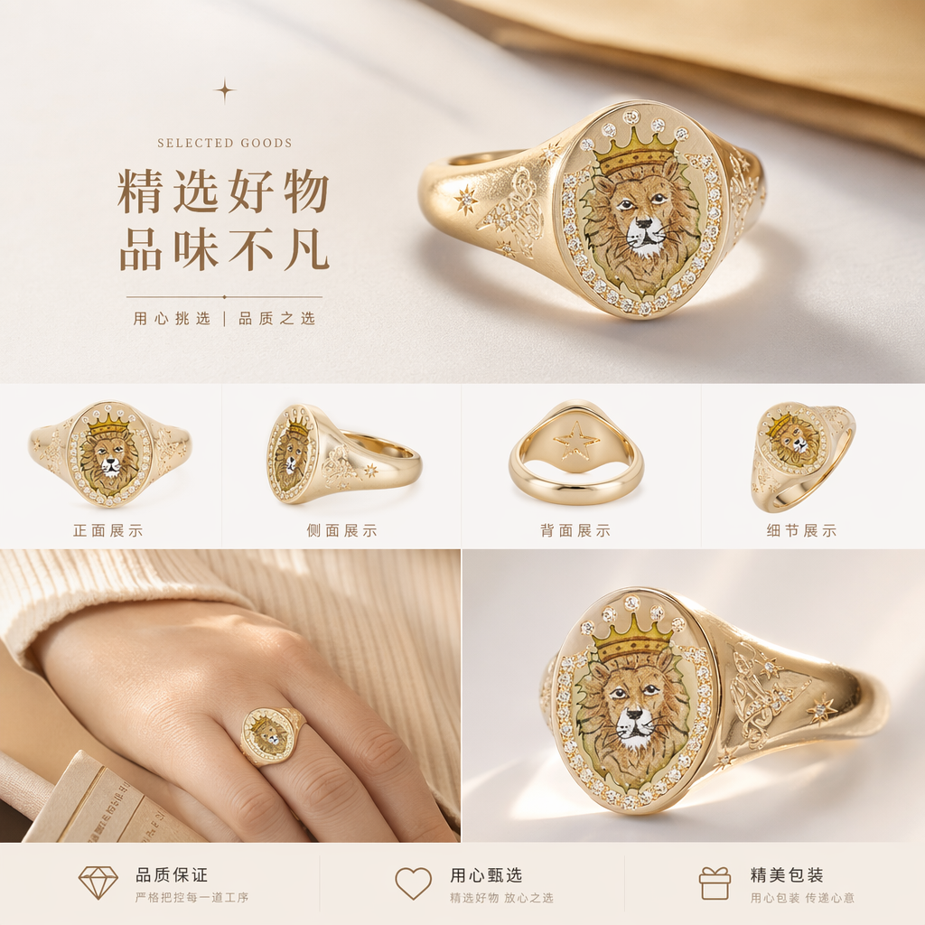 旭平金色狮子头像徽章翡翠戒指男款 中央镶嵌皇冠狮子 周围钻石环绕 戒臂星星翅膀图案 莫桑钻详情1