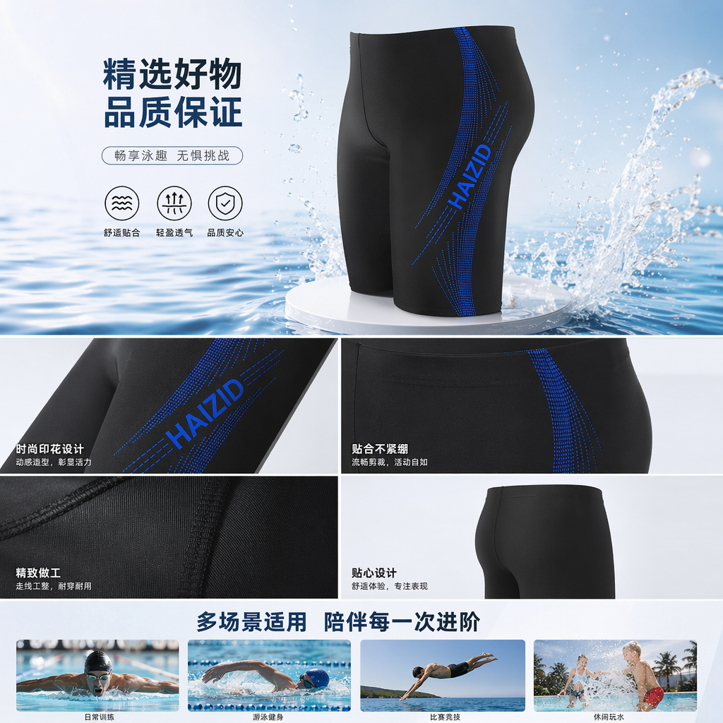 黑色泳裤 男款速干泳装 HAIZID蓝色字样及线条图案详情1