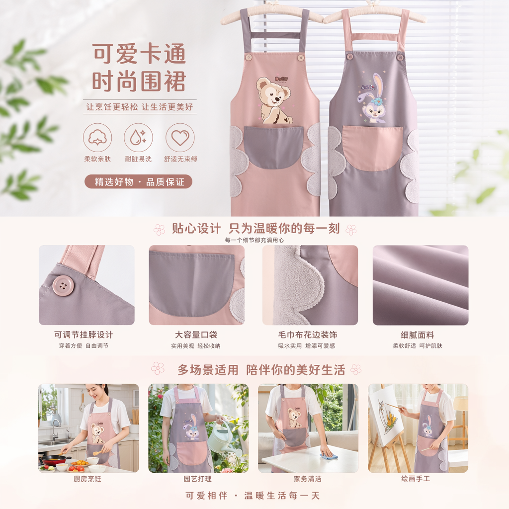 A pink and grey cartoon apron with a teddy on the left and a rabbit on the right, and double pockets with plush decoration pic 1