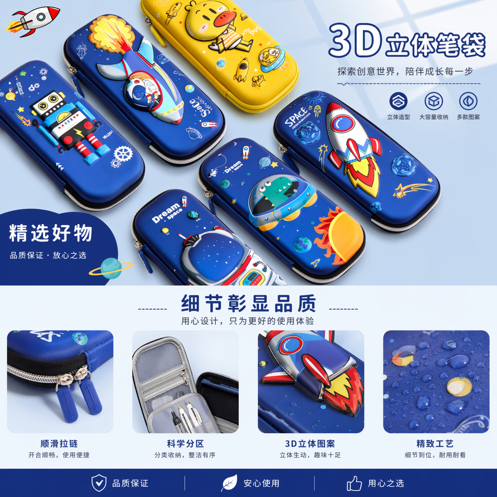 彩色3D立体笔袋 学生文具收纳盒简约时尚多层分隔详情1