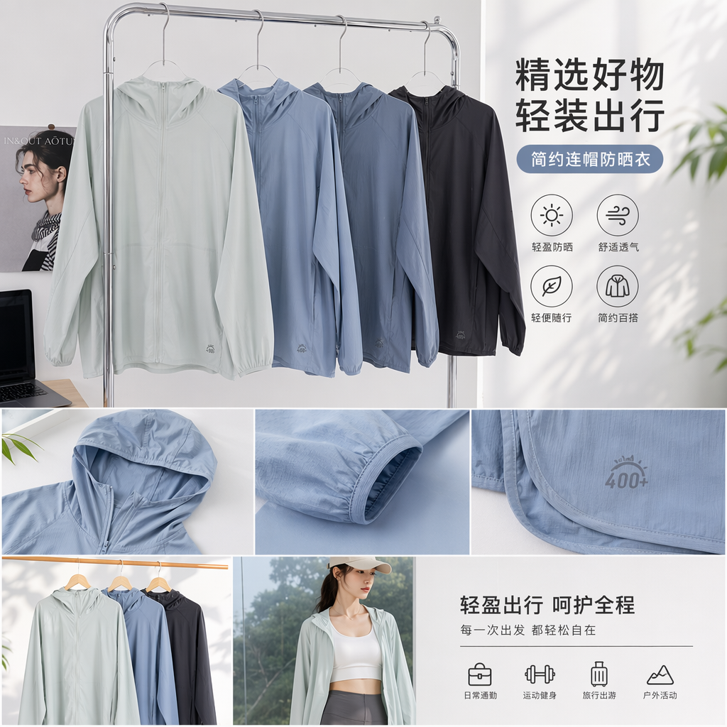 三色连帽防晒衣清泉绿淡云蓝石墨灰金属衣架挂装详情1