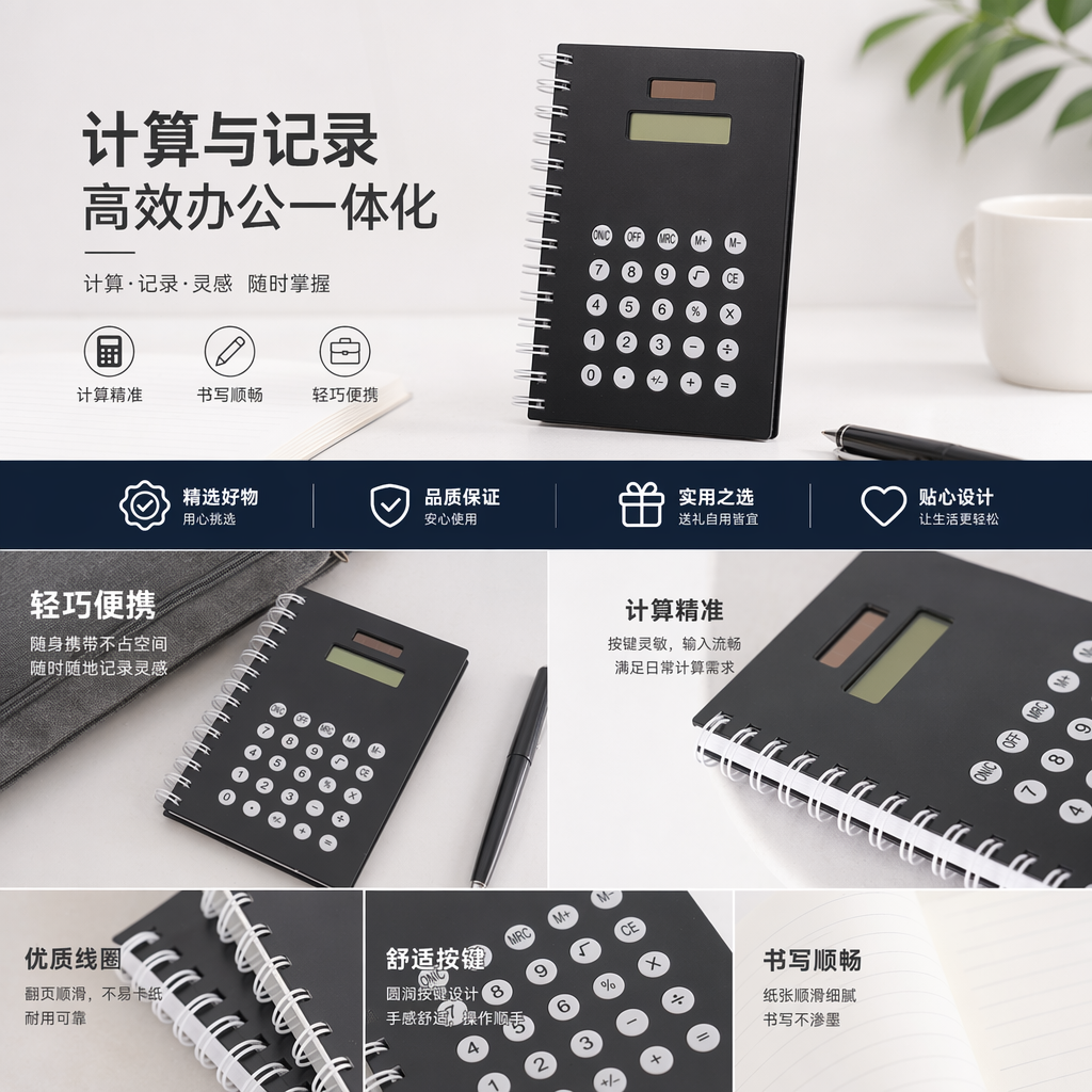 黑色螺旋笔记本计算器 便携式多功能带笔槽学生办公用品详情1
