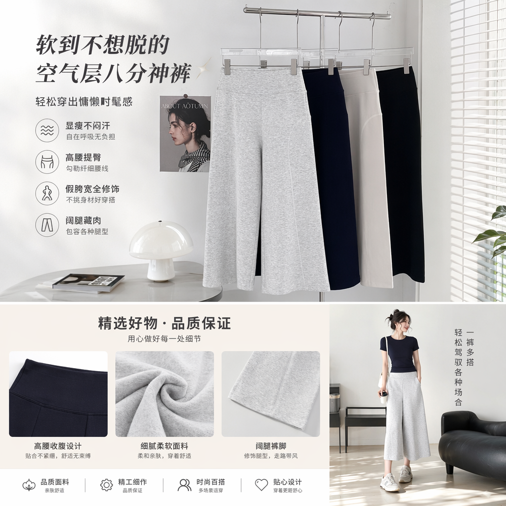 经典黑八分神裤 花浅灰 藏青色 米白色 高腰显瘦百搭详情1