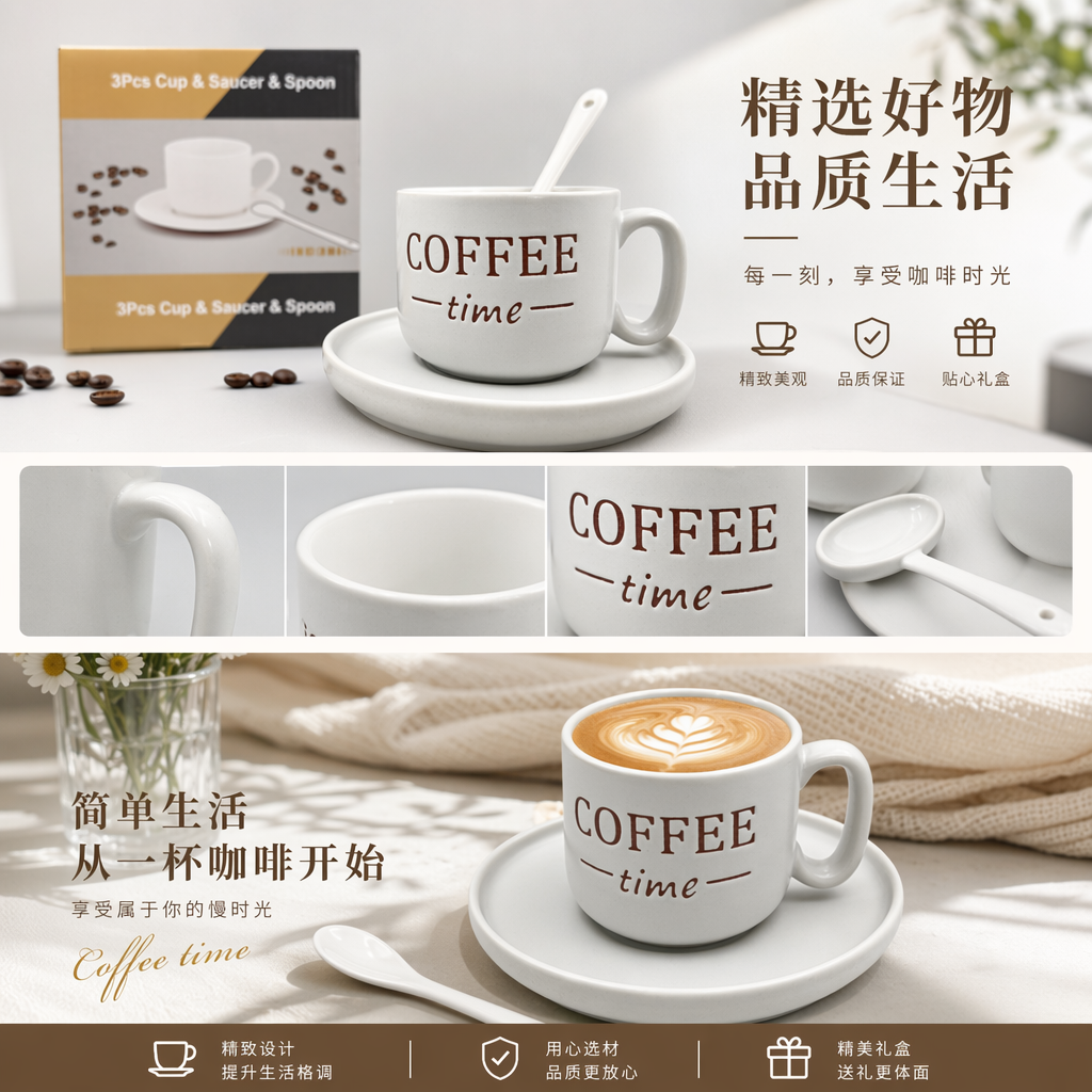 白色咖啡杯配碟子和勺子 陶瓷套装家用简约风详情1