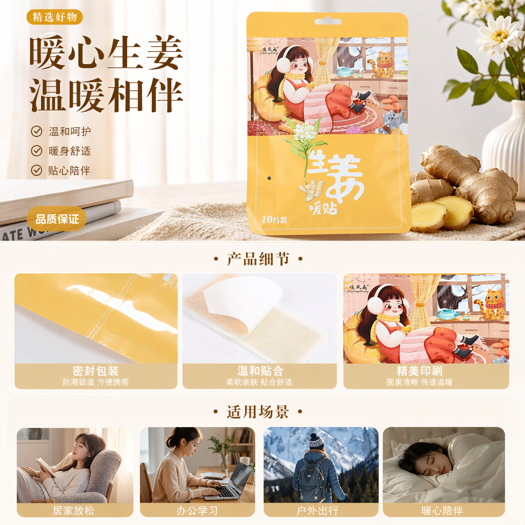 生姜暖贴 黄色包装袋 自发热暖宝宝 贴身保暖驱寒详情1