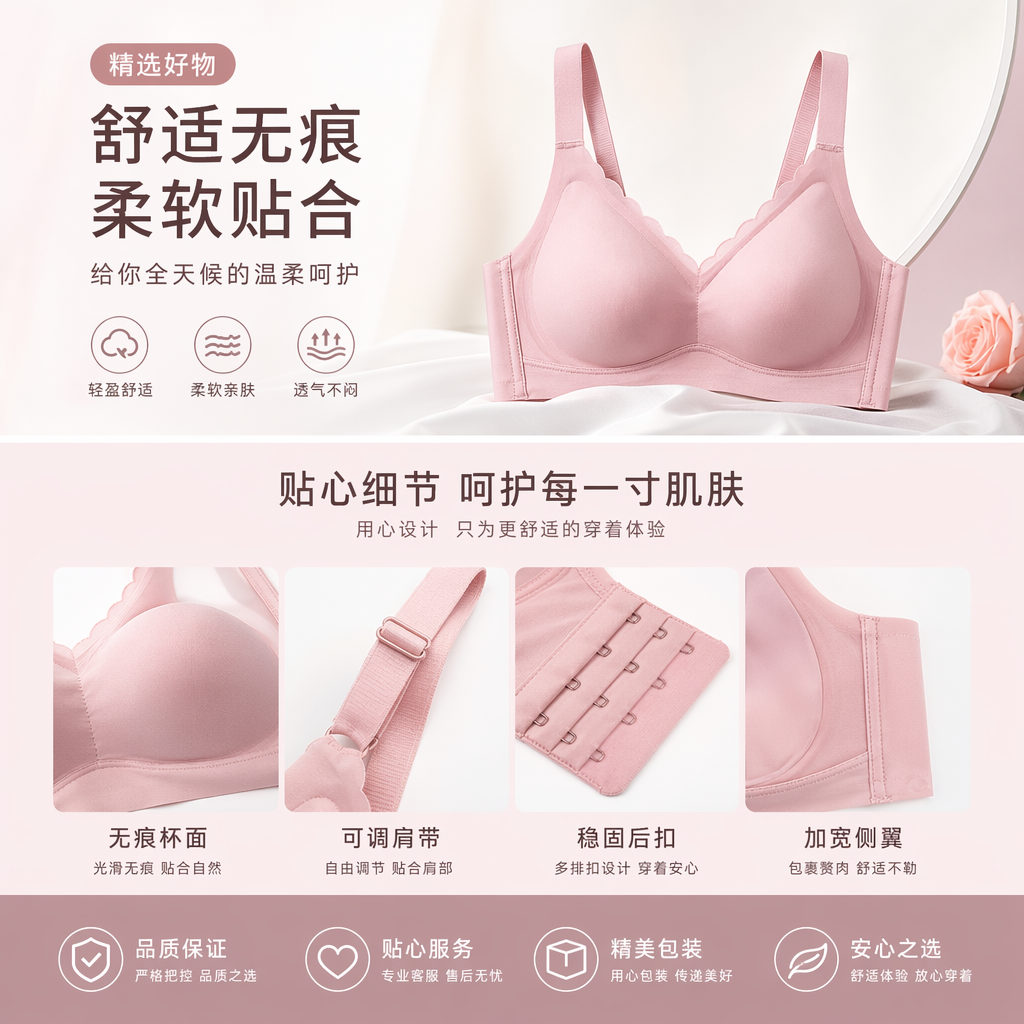 粉色蕾丝无钢圈文胸 舒适透气聚拢调整型内衣详情1