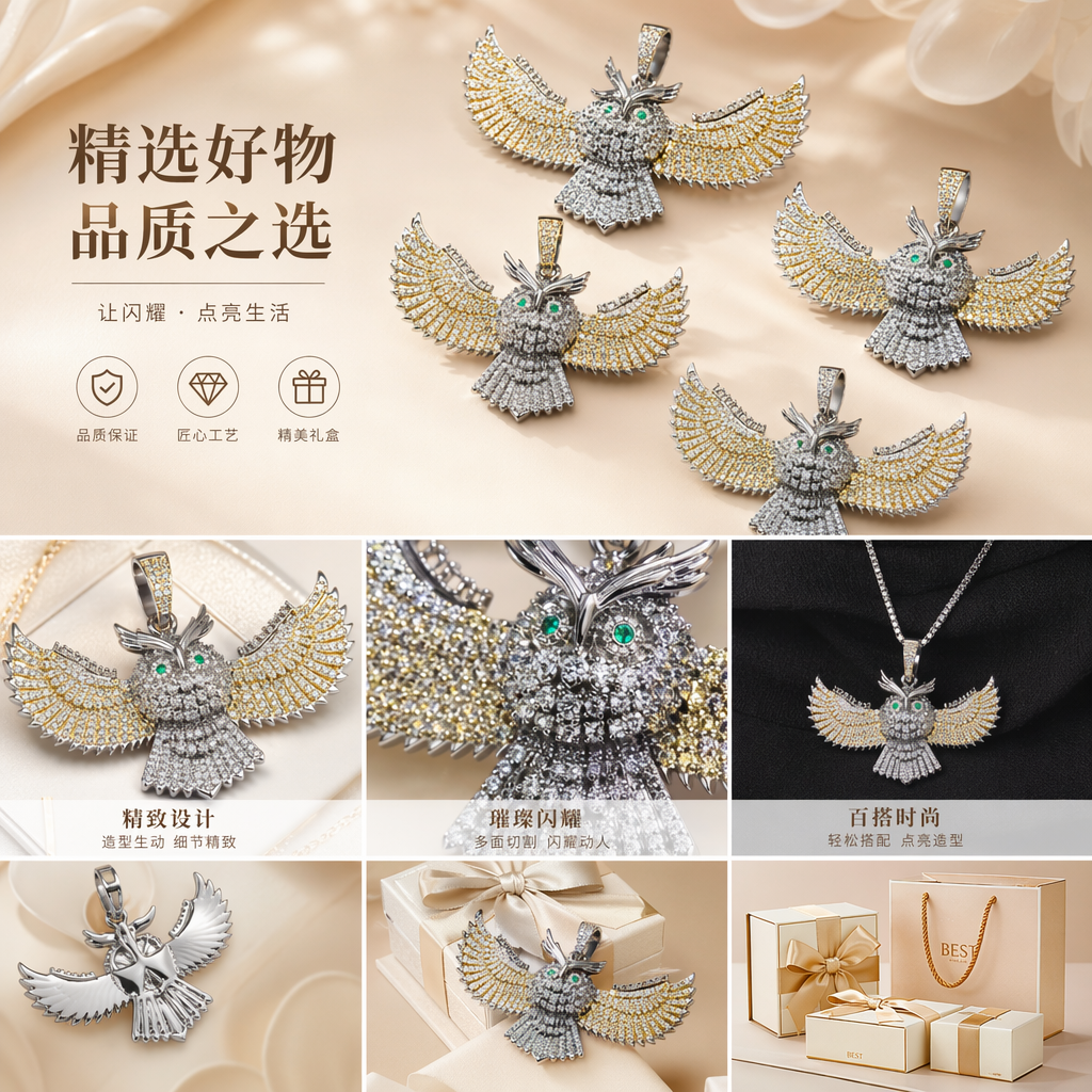 银金色镶钻猫头鹰吊坠 详情1