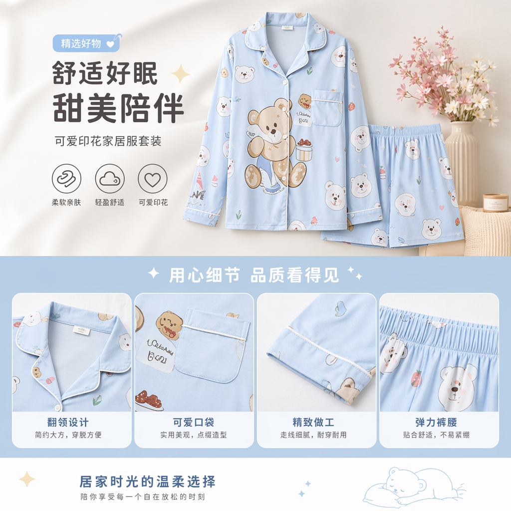 浅蓝色卡通小熊图案女士睡衣套装详情1
