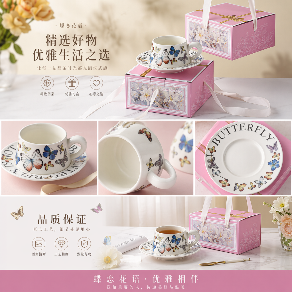 彩色蝴蝶图案茶杯配碟子粉色礼盒装详情1